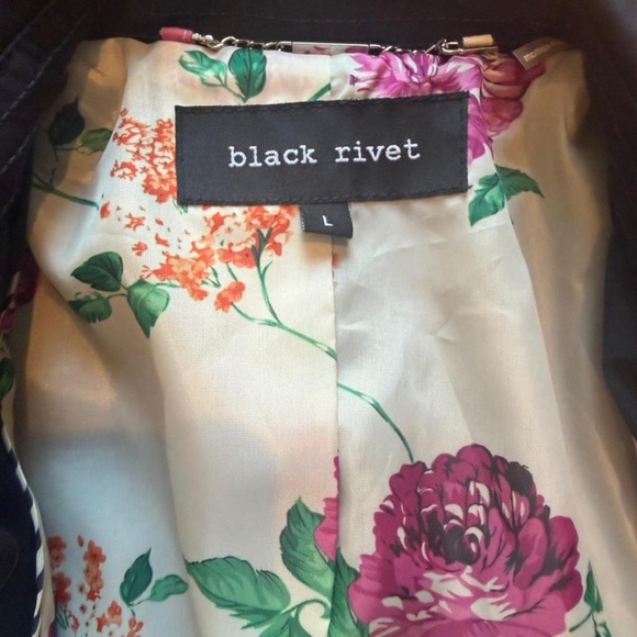 Black Rivet Blue Trench Jacket Floral Lining Size L - Picture 2 of 3